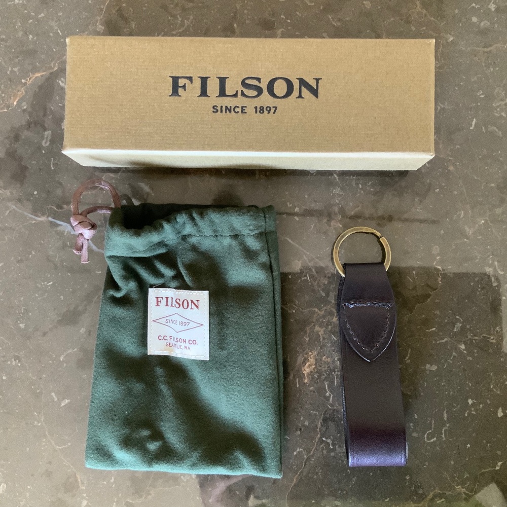 Filson Leather and Brass Keychain (New) in original packaging